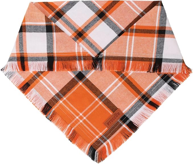 PTDECOR Fall Dog Bandanas with Tassels Edges, 2 Pack Orange Plaid Scarf Bib, Halloween Thanksgiving Pet Bandana, Reversible Triangle Bandanas for Medium Large Dogs Pets (Large)
