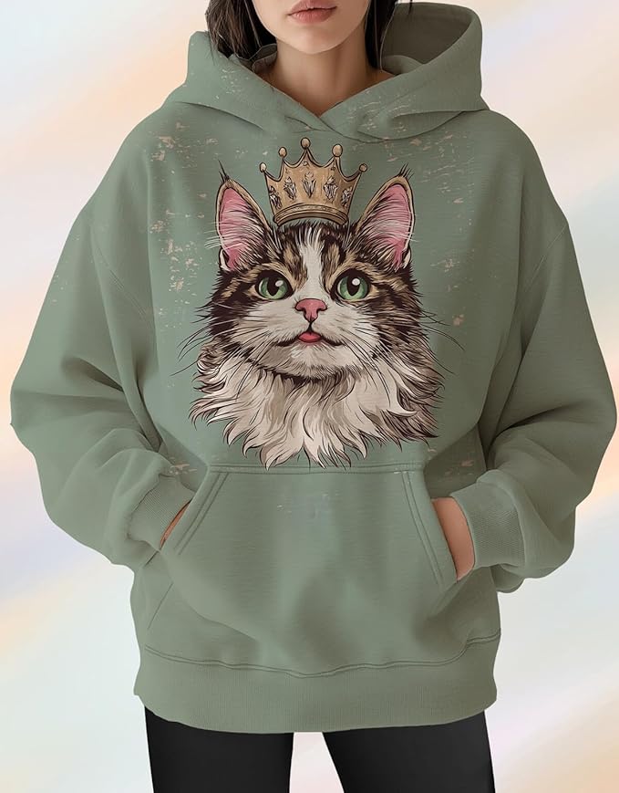 Womens Cat Print Hoodies Trendy Funny Cat Graphic Long Sleeve Sweatshirt Y2k Streetwear Hooded Pullover Tops