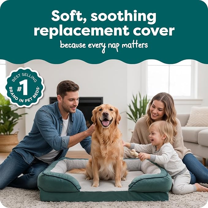 FurHaven Dog Bed Cover Replacement, Sofa-Style Design with Soft, Breathable Fabric for Cozy Comfort, Machine Washable, Jumbo/XL, Plush & Velvet Waves, Celadon Green