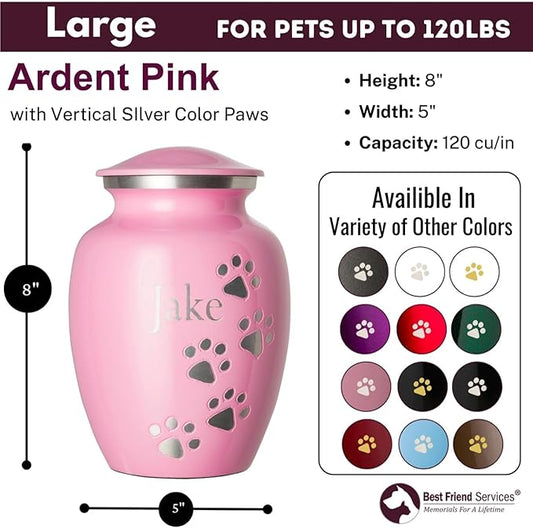 Pet Urn for Dogs and Cats with Personalized Laser Engraving, Ottillie Paws Premier Series Memorial Urns (Large Ardent Pink with Vertical Pewter Paws)