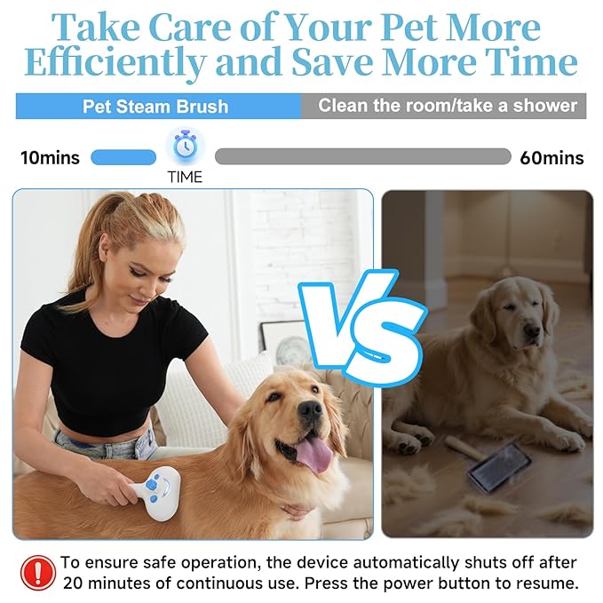 Pet Steam Brush for Dog & Cat - 3-in-1 Steam Grooming Brush for Shedding & Hair Removal - Self Cleaning Spray Comb with Mist for Long Haired Pets - Includes 2*Waterless Shampoo, Blue