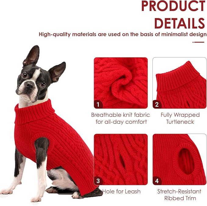 AOFITEE Dog Sweater, Medium Dog Sweater Girl Boy, Soft Turtleneck Pet Pullover for Winter Fall, Red Dogs Sweaters Dog Knitwear for Jack Russell, Mini Dachshund, Boston Terrier, Schnauzer, Red M