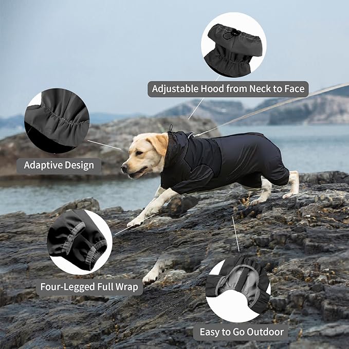 Dog Raincoat,Waterproof Windproof Rain Jacket,All-Weather Jacket,for Small Medium Large Extra Large Dogs (Black, Large)
