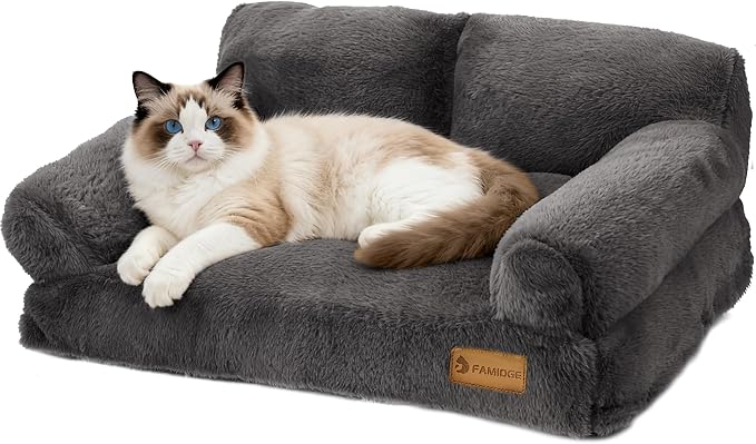 Cat Couch Bed - Cat Bed for Indoor Cats, Calming Pet Sofa Puppy Sleeping Bed with Removable Washable Cover, Cute Dog Couch and Kitty Lounge Chair for 20lbs Cats & Small Dogs(Dark Grey)