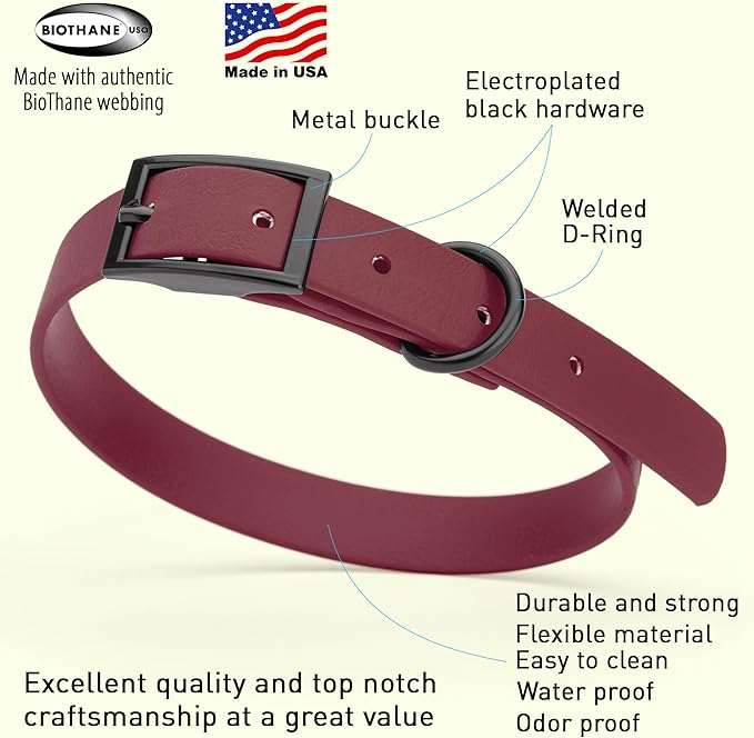 Dogline Biothane Coated Webbing Dog Collar with Black Metal Hardware: Durable Easy-Clean Everyday Collar for Dogs - Comfortable Adjustable Odor-Resistant Pet Collar, W5/8" x L12-15, Merlot Burgundy