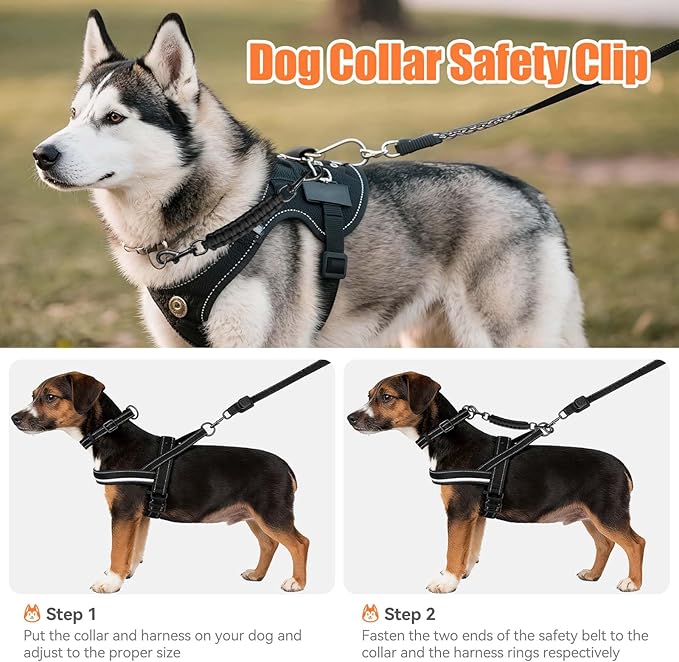 Dog Collar Safety Clip, Collar Companion, Handmade Backup Safety Strap, Double-Ended Clip Leash Connector, Suitable for Dog Harnesses, Prong, Pinch Collars (Black, 1 Pack)