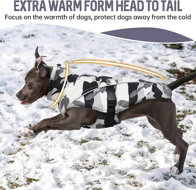 DENTRUN Medium Dog Winter Jacket - Warm Reflective Windproof Coat, Adjustable Neck & Snap Closure, Water Repellent Thick Fleece Vest, Fleece Lined for Beagle Pug, White Camo, M