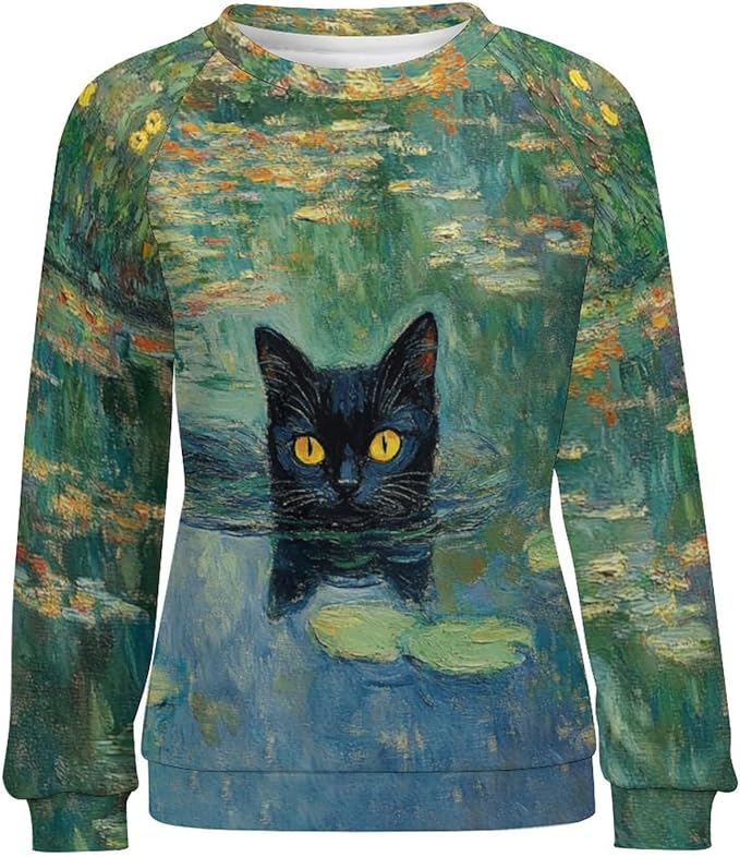 Womens novelty funny cat printed crewneck sweatshirt casual loose long sleeve graphic pullover sweatshirts tops