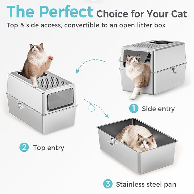 Petinstinct Extra Large Enclosed Stainless Steel Litter Box with Lid, 23.6"x17.7"x15.7" High Sided Metal Cat Litter Box for Indoor Cats, Covered Dog Proof Kitty Litter Pan, Odor Free, Non Sticky, XL