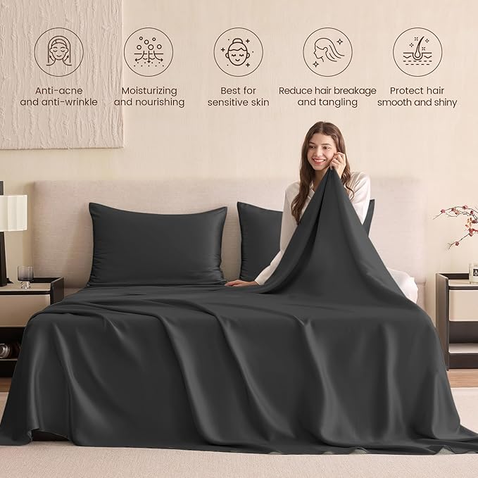 THXSILK Silk Sheet Set 4Pcs, 6A+ Top Grade 100% Pure Mulberry Silk Bed Sheets Ultra Soft Durable Luxury Bedding Sets Cooling, 1 Fitted Sheet, 1 Flat Sheet and 2 Pillowcases (Twin-XL, Black)