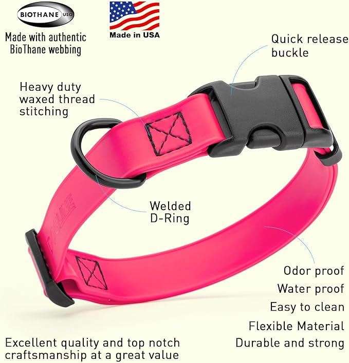 Dogline Durable Biothane Waterproof Collar for Dogs - Odor-Resistant Coated Webbing, Quick-Release Design, Comfortable Adjustable Fit, 1" W by 15-25" L, Passionfruit Pink