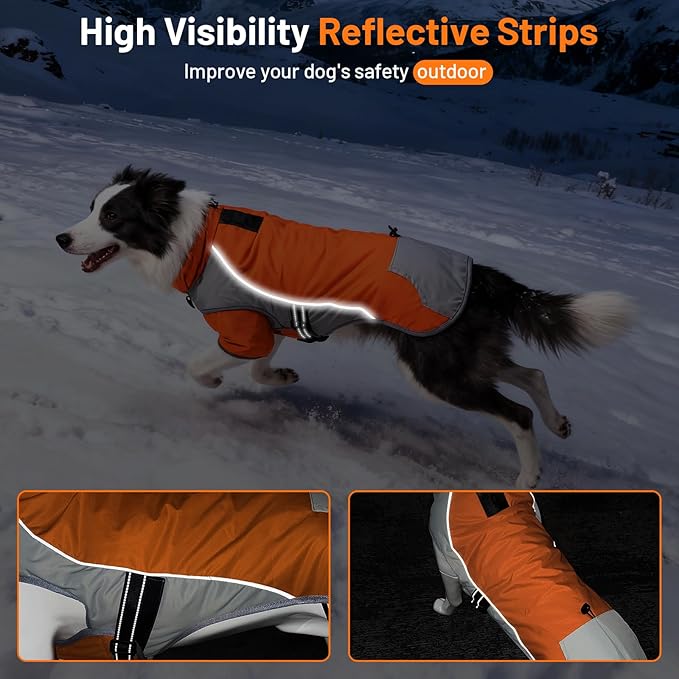 Dog Winter Coat - Waterproof Cold Weather Coat with Thick Padding, Windproof Dog's Snow Jacket with Neck & Tail Drawstrings, Reflective Dog Jacket - Medium Pet Coats, Orange & Gray L