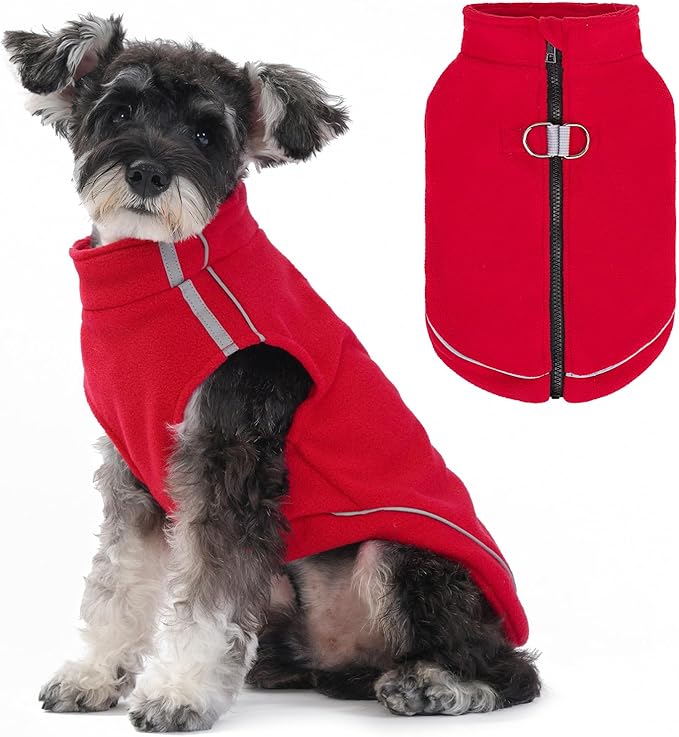 BEAUTYZOO Dog Fleece Vest Sweater Winter Jacket Zip Up Warm Pullover Step-in Dog Clothes with D-Ring Leash Cold Weater Reflective Coat Hoodie for for XS S M Dogs Puppy Cat Boy or Girl, Red Medium