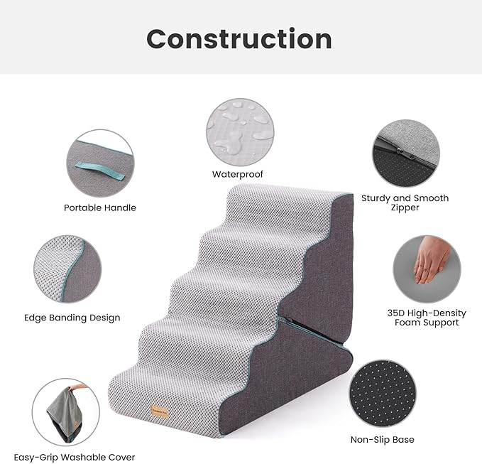 Gardner Pet Dog Stairs for Small Dogs 22.5" H, 2 in 1 Transformable 5-Step Pet Stairs and ramp, Dog Steps for Couch bed (23~27 in) with Durable Non-Slip Waterproof Cover and CertiPUR-US Certified Foam