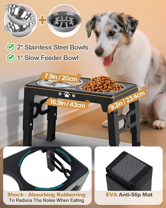 Elevated Dog Bowls, Dog Feeder with Stainless Steel Dishes & Slow Feeder Bowl, 5 Heights Adjustable Raised Stand for Medium Large, Food Dishes with Non-Slip Feet