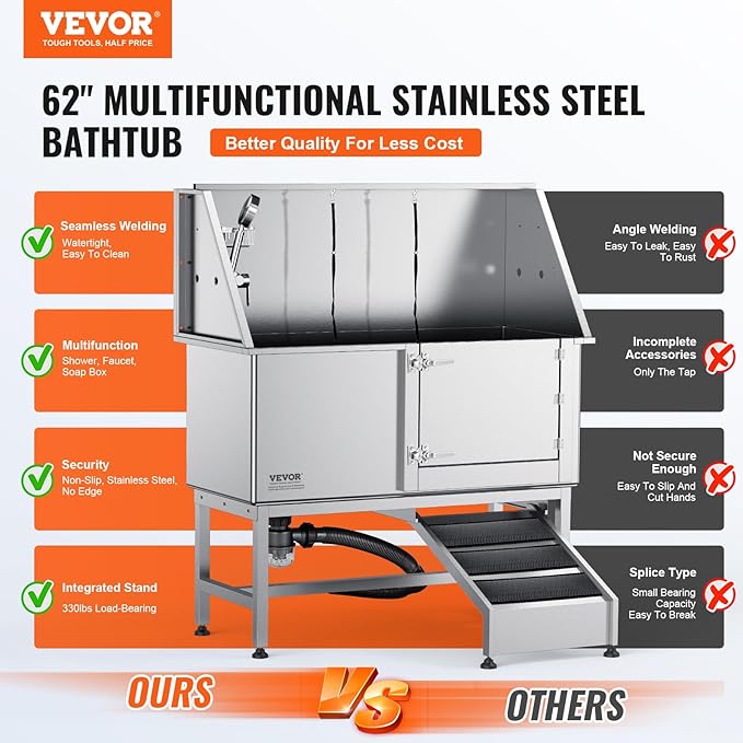 VEVOR 62" Pet Dog Bathing Station w/Ramp, Professional Stainless Steel Dog Grooming Tub w/Soap Box, Faucet,Rich Accessory,Bathtub for Large,Medium,Small Pet, Washing Sink for Home(Right)