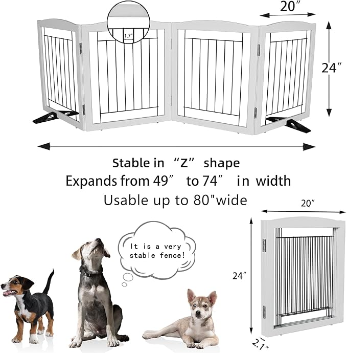 ZJSF Freestanding Dog Fence Indoor, Foldable Dog Gate for Doorways, Stairs or Hallways, Sturdy Wood Extra Wide Pet Gate with Support Feet for The House, White, 24 "Height-4 Panels