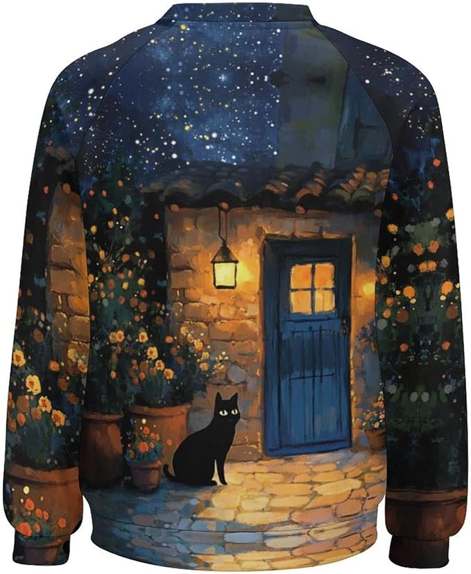 Womens novelty funny cat printed crewneck sweatshirt casual loose long sleeve graphic pullover sweatshirts tops