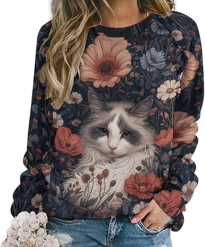 Womens novelty funny cat printed crewneck sweatshirt casual loose long sleeve graphic pullover sweatshirts tops