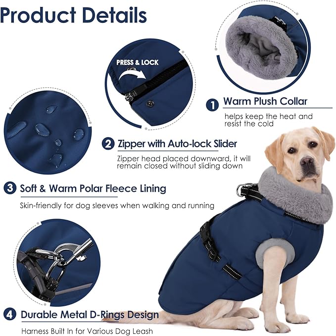AOFITEE Dog Coat, Warm Dog Jacket Winter with Harness Built in, Waterproof Pet Snow Coat with Zipper on Back, Fleece Pet Sweater Puffer Jacket Snowsuit for Extra Large Dogs, Blue XXXL