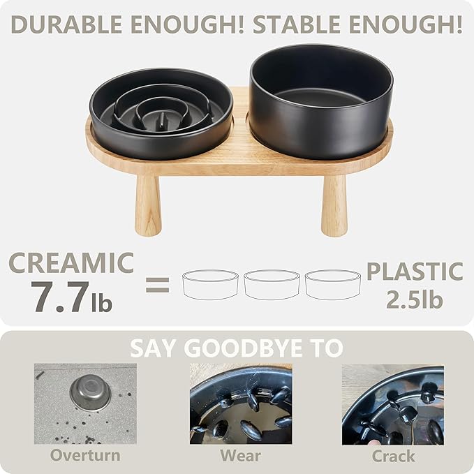 Ceramic Slow Feeder and Water Bowl Set for Medium and Large Dogs, 8.0inch Ceramic Dog Bowls Elevated with Wooden Stand, 2.0 Cups Dog Slow Feeder(30oz) and 70oz Water Bowl Set, Black