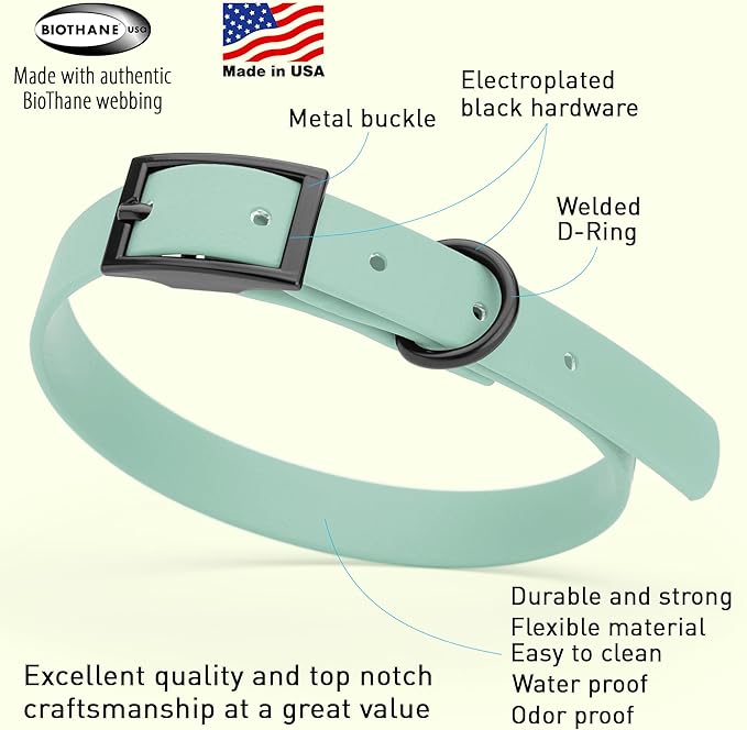 Dogline Biothane Coated Webbing Dog Collar with Black Metal Hardware: Durable Easy-Clean Everyday Collar for Dogs - Comfortable Adjustable Odor-Resistant Pet Collar, W5/8" x L12-15, Sage Green