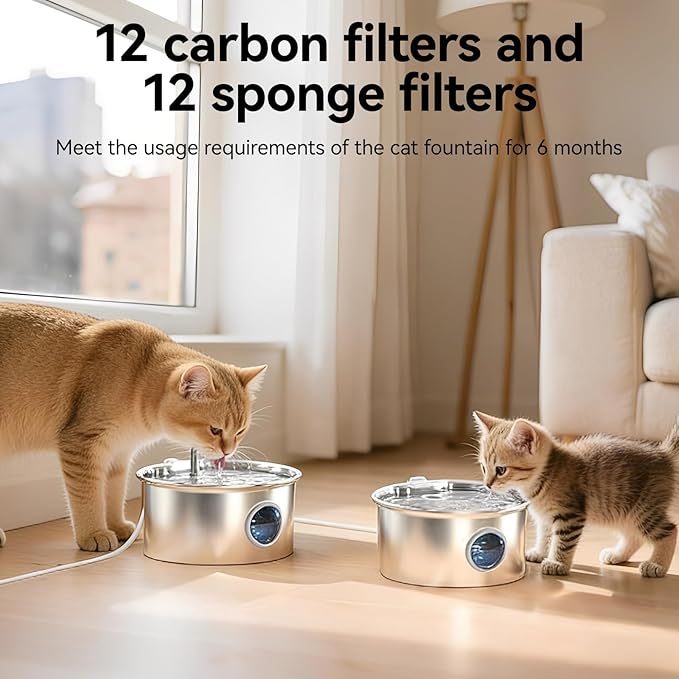 Cat Water Fountain Filter: 24P Cat Fountain Filter Replacement Screen for 74oz 2.2L/2.6L Stainless Steel Pet Water Dispenser- 12 Carbon Filters & 12 Foam Filters，4-Layer Filtration Systems