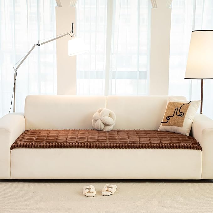 Faux Fur Plush Dog Couch Cover, 3D Stripe Fuzzy Sofa Covers, Non-Slip Fluffy Dog Bed Cover Pet Blanket, Washable Furniture Protector for Puppy Cat (Dark Coffee,35"x63")