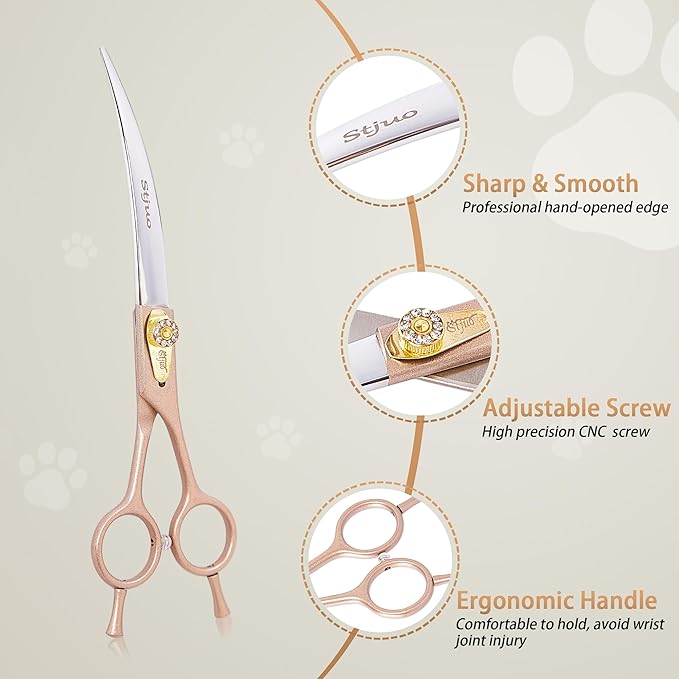 Professional Dog Grooming Scissors Rose Gold 440C Stainless Steel Straight Thinning Curved Chunker Shears for Pet Grooming Services Dogs and Cats (Curved, 7‘’)