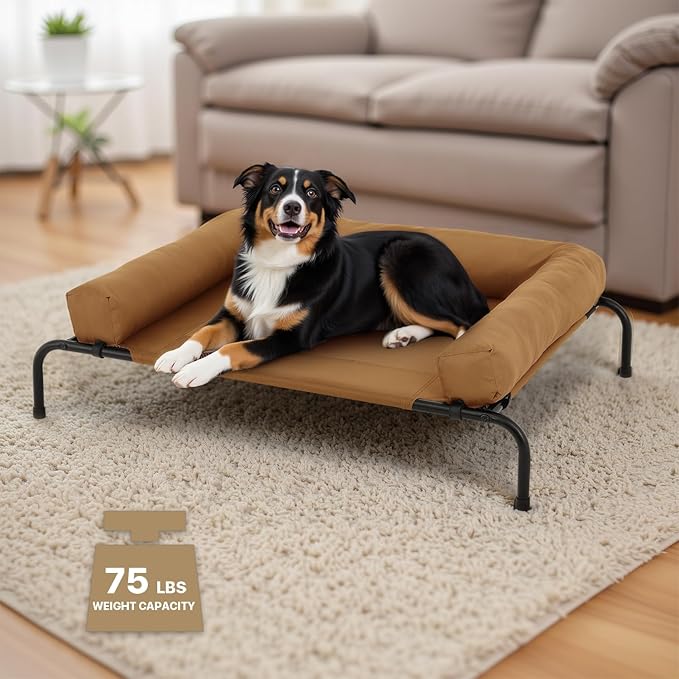 Athena Collection Outdoor Elevated Dog Bed with Removable Bolsters, 42 Inches Raised Dog Cot Washable with Metal Frame Non-Slip Feet for Medium Size Dog, Brown