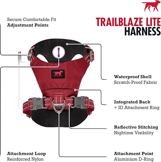 Tuff Pupper All-Day Wear Dog Harness | for Walking, Trail Running, Hiking | Front & Back Leash Clips | Reflective Trim | Easy On/Off Buckles | Lightweight Breathable | No Pull Design (Medium, Red)