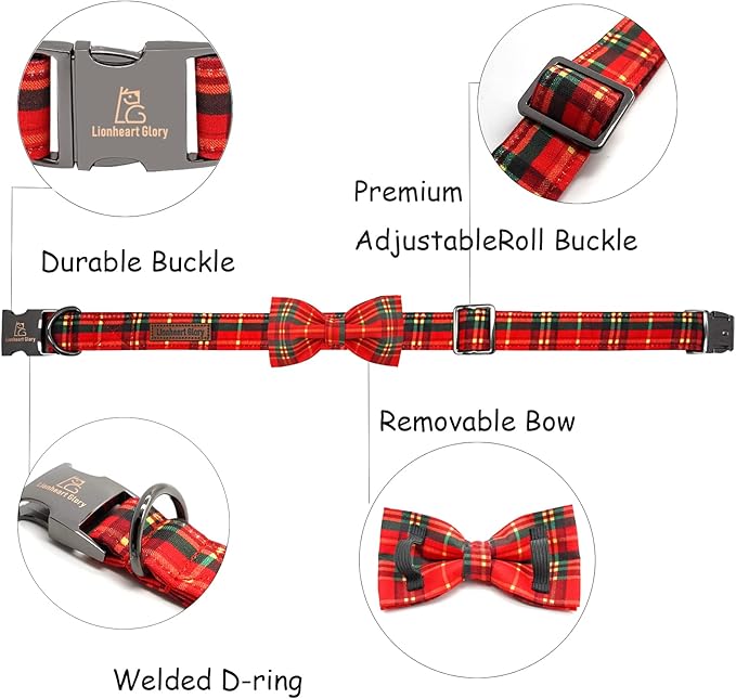Lionheart Plaid Christmas Dog Collar - Adjustable Bow Tie Collar for Small Dogs