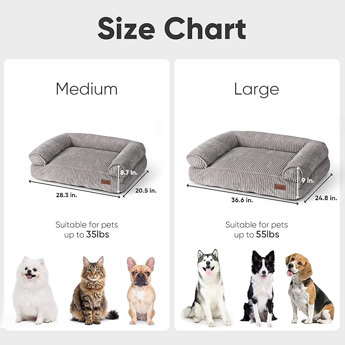 FUKUMARU Cute Dog Bed, Waterproof Corduroy Dogs Couch, 36in Orthopedic Pet Sofa for Medium to Large Dogs Dog, Warm Cotton Pet Bed with Washable Cover, Large, Grey