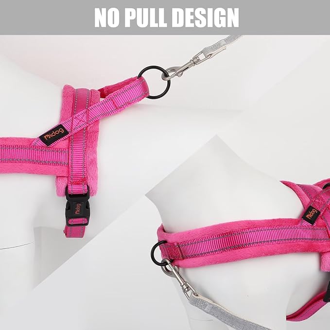 Didog Soft Flannel Padded Dog Vest Harness, No Pull/Quick Fit Reflective Dog Strap Harness, Easy for Training Walking (L:Chest 26-32", Hot Pink)