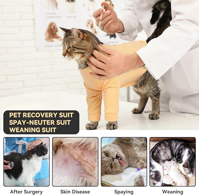 T'CHAQUE Cat Surgery Recovery Suit, Anti-Licking Onesie for Post-Spay/Neuter Abdominal Wound, Cat Recovery Suit with Adjustable Drawstring Collar - Long Sleeve Kitten Surgical Onesie, Orange, S