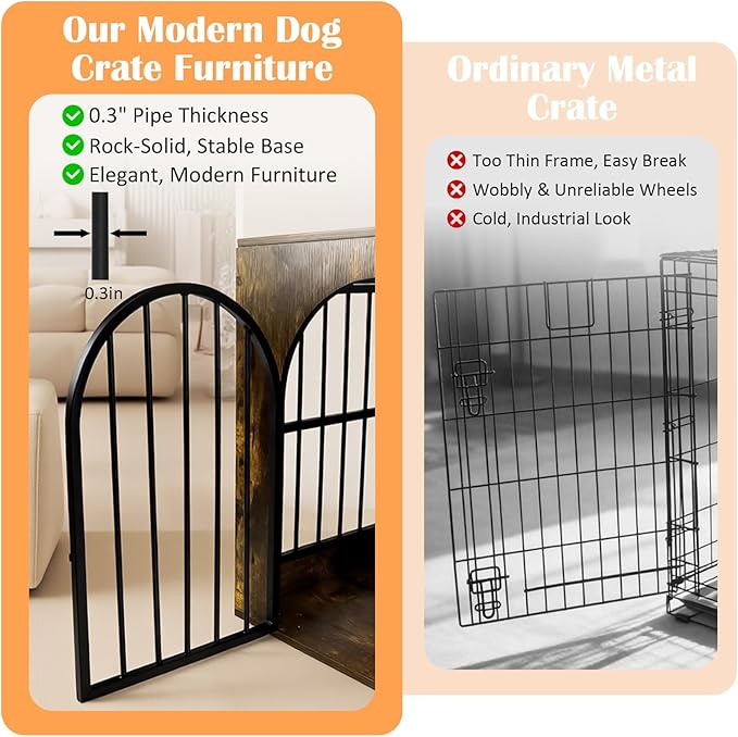 Dog Crate Furniture for 1 or 2 Dogs, Heavy Duty Single/Double Dog Kennel with Bowls, Farmhouse Wood Metal Dog Cage for Small/Medium/Large Dogs, Brown