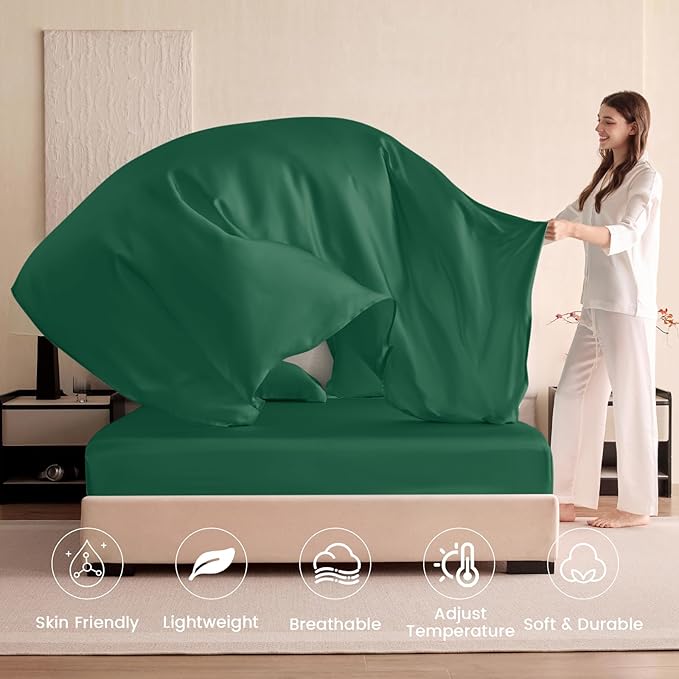 THXSILK Silk Sheet Set 4Pcs, 6A+ Top Grade 100% Natural Mulberry Silk Bed Sheets, Luxury Bedding Sets Ultra Soft Durable, 1 Fitted Sheet, 1 Flat Sheet and 2 Pillow Shams (Cal. King, Emerald Green)