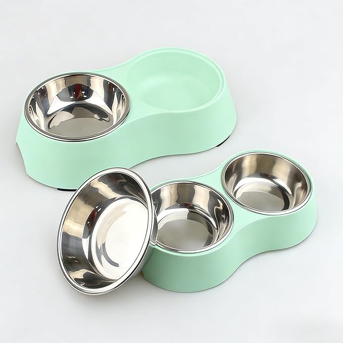 Large Green Double Pet Bowl – Non-Slip Stainless Steel Food & Water Set for Medium/Large Dogs & Multiple Cats, BPA-Free Mess-Free Feeding Dishes