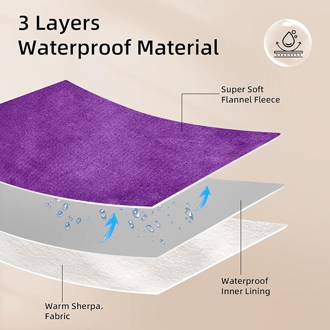 Waterproof Dog Blanket for Couch,Pee Proof Pet Blanket with 3-Layer Protection,Reversible Sherpa & Flannel Furniture Protector for Sofa Bed Car,Gifts for Cat Dog Lovers Christmas,60"x80",Purple