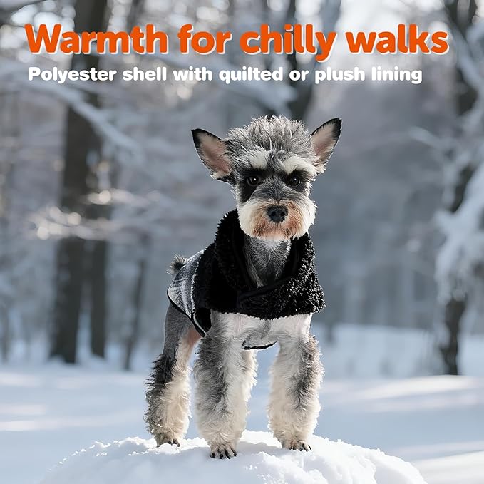 FOFOS Dog Winter Coat, Plush Dog Jacket with Leash Hole, Adjustable Warm Pet Snow Vest for Small Medium Dogs, Black, M
