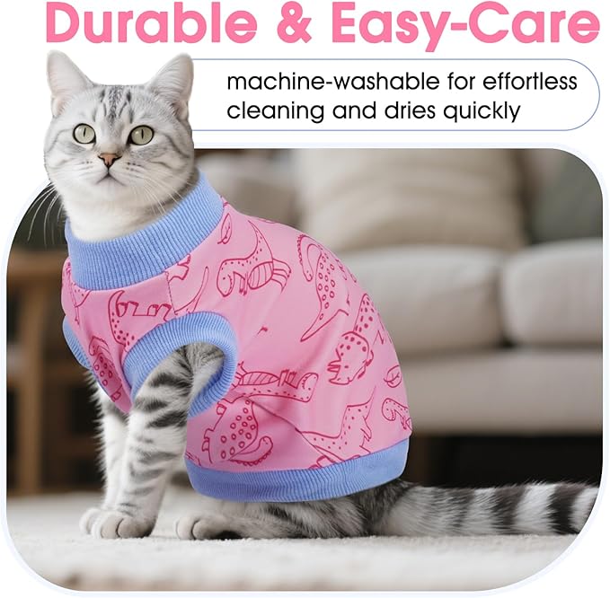 DENTRUN Sleeveless Cat Vest with Dinosaur Print, Breathable Ultra-Soft Dralon Fleece Cat Sweater, All-Season Pet Costume Apparel for Cats, Kitten Clothing for Indoor/Outdoor, Pink, XL
