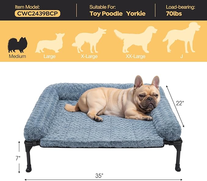 Veehoo Cooling Elevated Dog Bed Add Removable Deluxe Rose Plush Bolster Cushion Mat, 35" x 22" Washable Dog Couch Bed, Raised Pet Cot with Breathable Teslin Mesh, No-Slip Feet, Haze Blue, CWC2439B