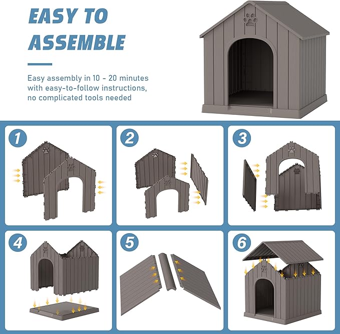 Fancyango Dog House Outdoor Indoor for Medium Large Dogs, Sturdy Plastic Waterproof Doghouse with Air Vents and Elevated Floor, Easy Clean and Assemble (Grey, 26.18''L × 24.02''W × 25.98''H)