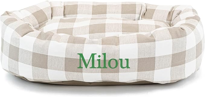 Majestic Pet Anderson Check Personalized Bagel Dog Bed | Donut Style Pet Bed with Custom Embroidered Pet Name | Various Fonts and Thread Colors Available (X-Large, Neutral Tan)