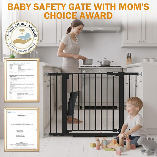 Baby Gate for Stairs, 29.7-43" Auto Close Dog Gate for Doorways & Hallways, Pressure Mounted Pet Gate with Walk Thru Door, Easy Install Safety Gate for Children & Pets, No Drilling, Dual-Lock Design