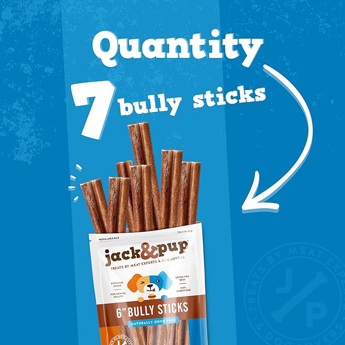 Jack&Pup 6 Inch Standard Bully Sticks for Small and Medium Dogs (7 Pack) Single Ingredient Dog Chew Bully Stick