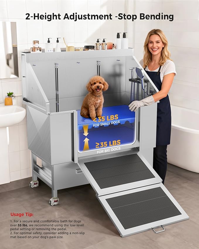50'' Dog Bathing Station - 304 Stainless Steel, Leak-Proof Deep Soak, Dog Bathing Station, 27.4" Wide Ramp, Swivel Wheels, Dog Grooming Tub, Piano-Key Faucet, 2 Drawers for Medium & Small Pets