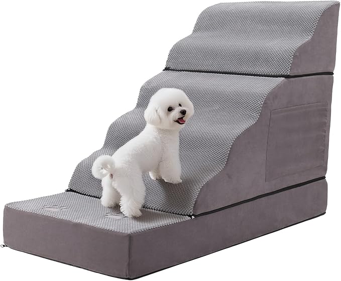6-Step Dog Stairs for Bed & Couch – H Pet Steps for Puppy & Older Dog, Non-Slip Pet Ramp with Wide Pedals, Sturdy Indoor Dog Ladder for High Furniture 43.3" L x 19.68" W x 29.53" H Grey