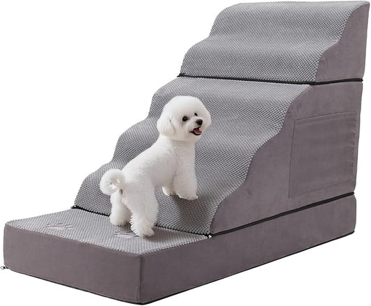 6-Step Dog Stairs for Bed & Couch – H Pet Steps for Puppy & Older Dog, Non-Slip Pet Ramp with Wide Pedals, Sturdy Indoor Dog Ladder for High Furniture 43.3" L x 19.68" W x 29.53" H Grey