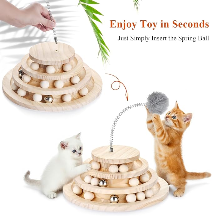 SMICEM Large Upgraded Cat Track Ball Toy with Bell & Teaser Wand - 3-Layer Tower Roller, Interactive Wooden Cat Toy for Mental & Physical Exercise, Double Fun for Kittens & Adult Cats